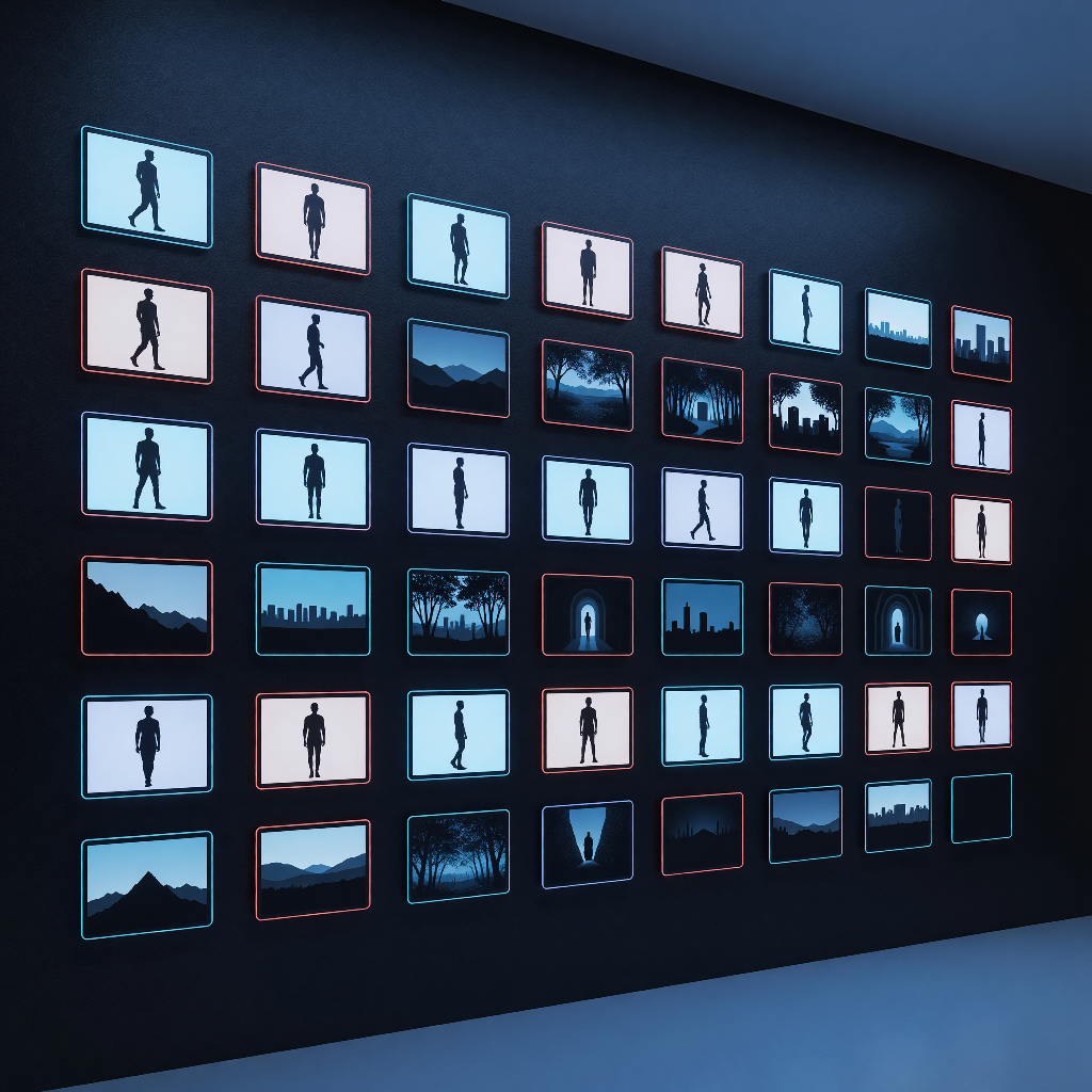 Character and location reference board with cast portraits, wardrobe notes, and staged setting context.